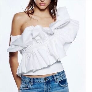 Zara Size Small White Ruffled Off Shoulder Blouse Cotton NWT